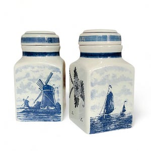 Vintage DELFT Blauw Blue & White Earthernware Canisters with Lids, Ceramic Lidded Jars, Spice/Jam Jars, Handpainted Dutch Ceramic