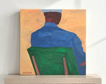 Original Acrylic on Wood Panel Painting Titled "Green Chair"- Signed Catalina - Contemporary Figurative Portrait, Rückenfigur Style