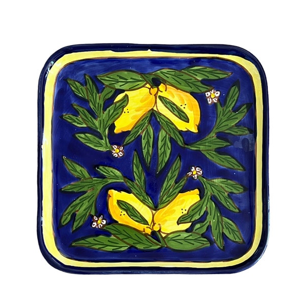 Le Souk Ceramique Tunisia Handpainted Square Serving Plate, Cobalt Blue & Yellow Lemons, Serving Platter, Tunisian Ceramic Art Pottery
