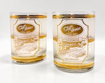 Pair of Mid Century 22K Gold Culver Rocks Glasses — Cliff House San Francisco, c. 1970s