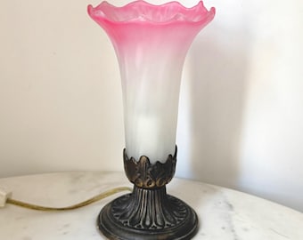Vintage Pink/White Frosted Glass Trumpet Lamp | Petite Lily Shade Accent Lamp, circa 1970s