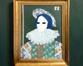 Vintage Mid Century Textile Collage Portrait of Renaissance Figure in Gold Frame-Handmade Mixed Media Fabric Art, Lace Brocade Assemblage