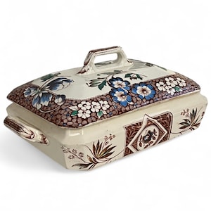 Antique Victorian Lidded Soup Tureen, Aesthetic Movement 19th C. English Brown & Blue Transferware Pottery, Alcock &quot;Avon&quot;, Cobridge England