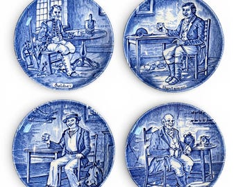 Vintage Enoch Wedgwood Blue & White Keramik Untersetzer-Set - Kolonialbesetzungen, Transferware Mini-Teller-Set, hergestellt in England