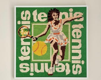 Vintage 1980s Handmade Needlepoint "Tennis" Wall Art in White Metal Frame