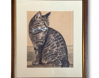 Vintage Tabby Katze Original Pastell Zeichnung - Gerahmt Katzen Portrait Kunst in Holzrahmen