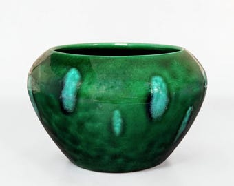 Vintage "Violet Pot" Studio Keramik Pflanzer, handgefertigter Keramik Blumentopf mit smaragdgrüner Glasur, circa 1990er Jahre