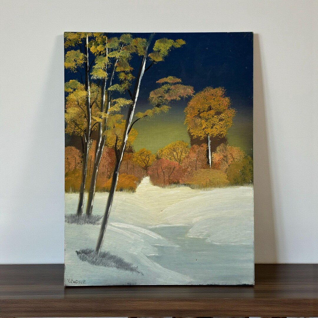 Vintage Winter Landscape Oil Painting, Autumn Trees in Snow, Signed V ...