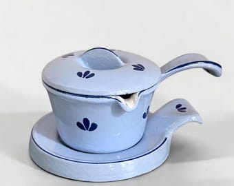 Vintage DRU Holland Blue Enamel Butter Warmer Set — Tulip Motif, 3-Piece, Mid-Century Dutch