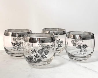 Set of 4 Georges Briard "Silver Damask" Roly Poly Cocktail Glasses — Mid-Century Modern, c. 1960s