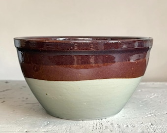 Antique Stoneware Mixing Bowl | Brown Glazed Rim & Cream Glazed Body - Rustic, Primitive, Farmhouse Kitchen Pottery