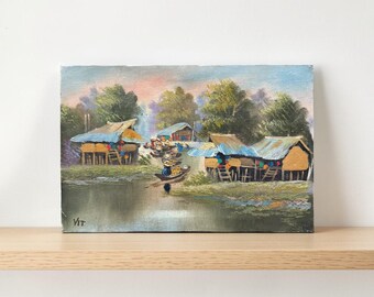 Vintage Southeast Asian River Village Painting, Original Oil on Canvas - Signed "VIT." — Floating Market Scene, Mid-20th Century