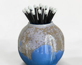 Vintage Handmade French Ceramic Match Strike Holder or Bud Vase — Crystalline Speckle Glaze, Cobalt Blue & Periwinkle, Round Studio Pottery