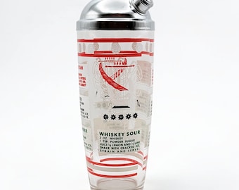 Mid Century Hazel Atlas Glass Cocktail Shaker with Recipe Print Graphics and Chrome Lid, circa 1940s-50s