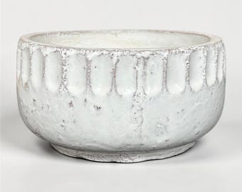Vintage mexikanische Keramik-Pflanzer oder Schüssel, handgefertigte weiß glasierte Terrakotta-Strukturschüssel etwa aus den 1970er bis 1980er Jahren