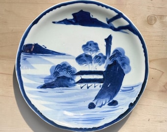 Antiker Japanischer Blau & Weißer Porzellan Teller -19th Century Arita Ware | Edo-Meiji-Periode, Landschaftsszene