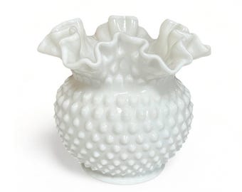 Mid Century White Milk Glass Ruffle Hobnail Vase by Fenton. Made in USA, circa 1960s.
