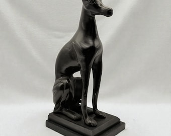 Vintage italienische Bronze Whippet Skulptur/Buchstütze, Art Deco Stil italienisches Greyhound Hund Statue auf Holzsockel - Made in Italy