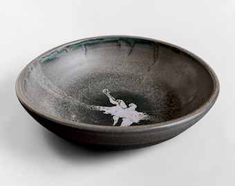 Handmade Studio Pottery Bowl — Gunmetal Gray/Black Iron Glaze with Teal Drip, Signed