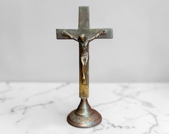 Vintage Patinated Brass Standing Crucifix,  Made in India - Tabletop Altar Cross