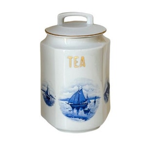 Vintage White Porcelain Tea Canister with Blue Sail Boats, Made in Germany circa 1960s