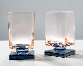 Set of 2 Pink & Blue Square Pedestal Cocktail Glasses | Vintage 1970s Disaronno Amaretto Glasses  | Cristal D'Arques Italian Liqueur Barware