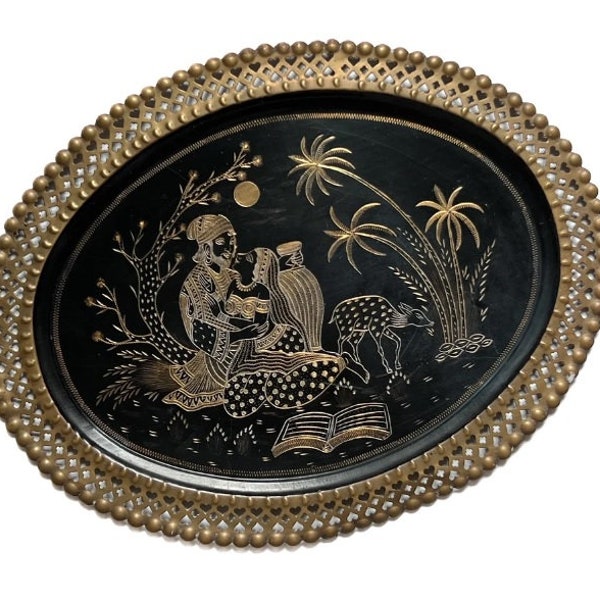 Vintage Etched Metal Decorative Oval Tray or Wall Hanging, Persian Style, Hand Etched/Engraved Lovers & Animal Scene, Black/Gold, Krishna