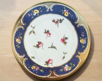 Vintage MMA Untersetzer 4er Set | Sèvres Porzellan Reproduktion Rokoko Blau Blumengold Zinnkorken, Metropolitan Museum of Art, Made in England