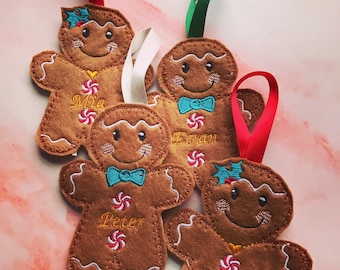 Personalised Embroidered Felt Christmas Gingerbread Boy and Girl, Penguin, Reindeer, Snowman Christmastree Decoration