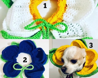 May include: Crocheted flower collars in white, blue, and yellow with green accents. The collars are designed to resemble large flowers, with petals and a central opening. A green tie secures the collar. One collar is worn by a small dog.
