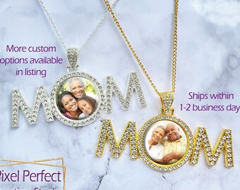 Custom Photo Pendant - MOM Personalized Memory Pendant - Medallion Family Keepsake Necklace - Mother's Day Gift - Bling Stones Chain