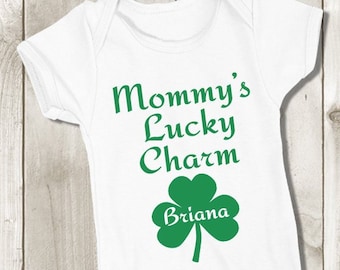 Mommy's Lucky Charm Baby Bodysuit - Personalized St Patrick's Day Kids Shirt - Toddler Girl Tshirt - Unisex Kids Custom Name Shirt