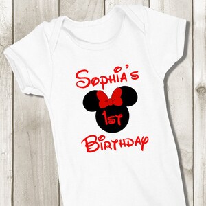 Minnie Mouse First Birthday Baby Bodysuit - 1st Birthday Baby Outfit - Minnie Mouse Onepiece or Tshirt Kids or Adult - Personalized Name Age