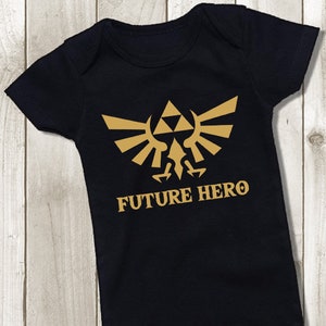 Legend of Zelda Future Hero Baby Bodysuit - Gold Triforce Outfit - Hylian Crest Toddler Kids Tshirt - Unisex Boy Girl Baby Outfit