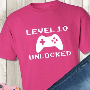 Gamer Birthday Shirt - Level 10 Unlocked Level Up - Video Game Birthday - Gamer Girl Pink and White Any Age - Unisex Kids Children&#39;s Tshirt