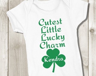 Cutest Little Lucky Charm Baby Bodysuit - Personalized St Patrick's Day Kids Shirt - Toddler Girl Tshirt - Unisex Kids Custom Name Shirt