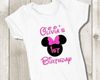 Minnie Mouse First Birthday Baby Bodysuit - 1st Birthday Baby Outfit - Minnie Mouse Onepiece or Tshirt Kids or Adult - Personalized Name Age