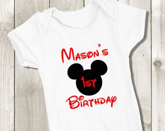Mickey Mouse First Birthday Baby Bodysuit - 1st Birthday Baby Outfit - Mickey Mouse Outfit or Tshirt Kids or Adult - Personalized Name Age