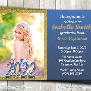 Invitación de graduación - Invitación para fiesta de graduación 2022 con brillo dorado y azul - Colores escolares personalizados - Imprimible o personalizada