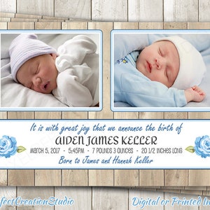 Faire-part de naissance en bois rustique - faire-part de naissance bébé garçon - shower de bébé shabby chic bleu - faire-part numérique imprimable - cartes imprimées