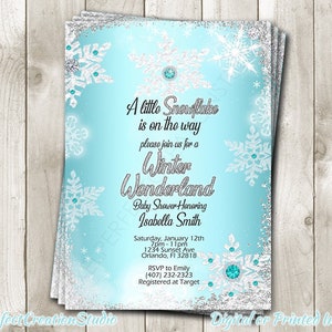 Invito per baby shower "Winter Wonderland" - Fiocco di neve invernale glitterato per neonato e neonata - Inviti per baby shower stampati digitalmente e personalizzati