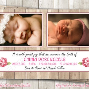 Rustikale Holz Babyankündigung - Baby Girl Geburtsankündigung - Rosa Shabby Chic Baby Shower - Druckbare Digitale Einladung - Gedruckte Karten