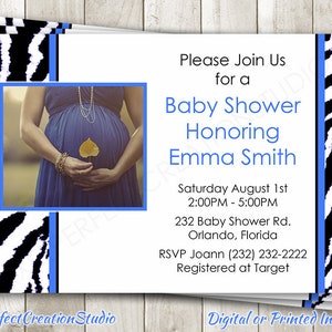 Invitación fotográfica para baby shower con estampado de cebra - Invitación fotográfica para ecografía de maternidad de bebé niño - Invitación digital imprimible - Tarjetas impresas