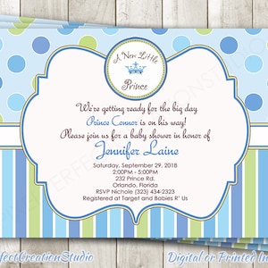 Un nuovo invito per baby shower a tema "Il piccolo principe" - Invito per baby shower reale - Blu e verde per neonato - Invito stampato personalizzato