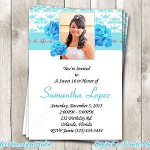 Sweet 16 Geburtstagseinladung Damast und Rosen - Sweet Sixteen Blau und Weiß - Quinceanera Invite - Individuell gedrucktes oder druckbares Foto Invite