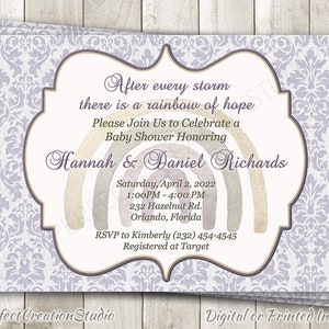 Invitación arcoíris para baby shower - Invitación para baby shower de género neutro - Damasco rústico natural - Personalizada, impresa o digital imprimible