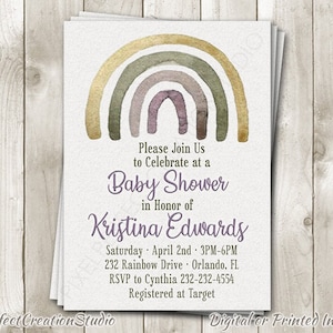 Invitación arcoíris para baby shower - Invitación para baby shower de género neutro - Crema dorada moderna natural - Impresión personalizada o digital imprimible
