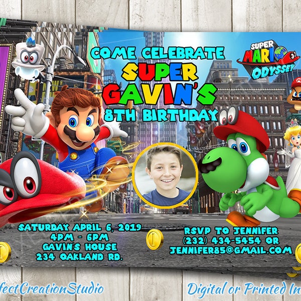 Super Mario Odyssey Geburtstagseinladung - Mario Cappy Yoshi - Super Mario Bros Photo Invite - Mario Party - druckbare oder gedruckte Einladungen