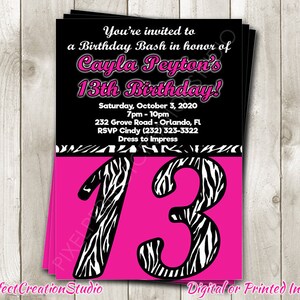 Zebra Print 13.Geburtstags-Einladung - Sweet 16 Hot Pink Schwarz Weiß - Quinceanera Invite - Individuell gedruckte druckbare Invite