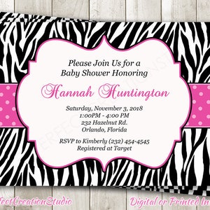 Invitación para baby shower con estampado de cebra rosa - Invitación para niña en rosa fuerte, negro y blanco - Safari en la jungla - Invitación digital personalizada - Tarjetas impresas